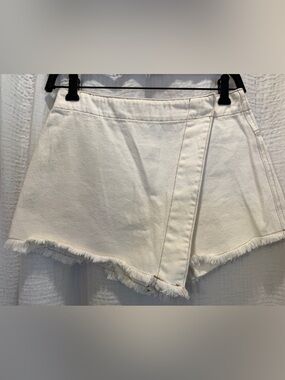 Miou Muse Cream Asymmetrical Denim Wrap Skort Frayed Raw Hem Small S